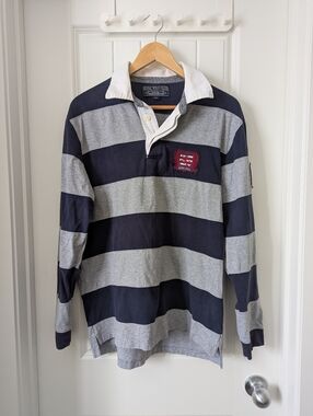 Striped Rugby Shirt with Crest - Navy & Gray XL